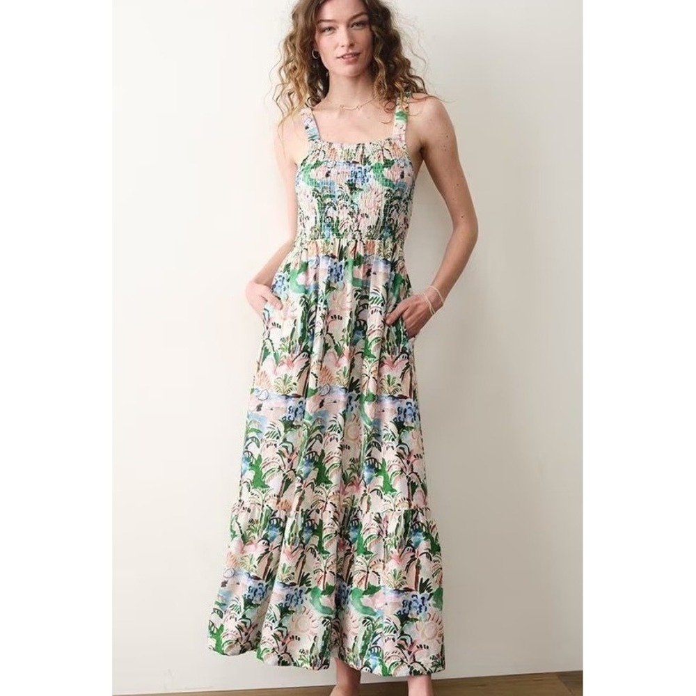 NEW Marine Layer Selene Maxi Dress 2026 Linen Blend Med Watercolor Palm Vacation